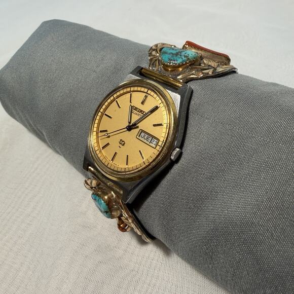 Seiko Quartz Watch & Tawa By KT 12K Gold Filled Sterling Turquoise Coral Native - Picture 7 of 11